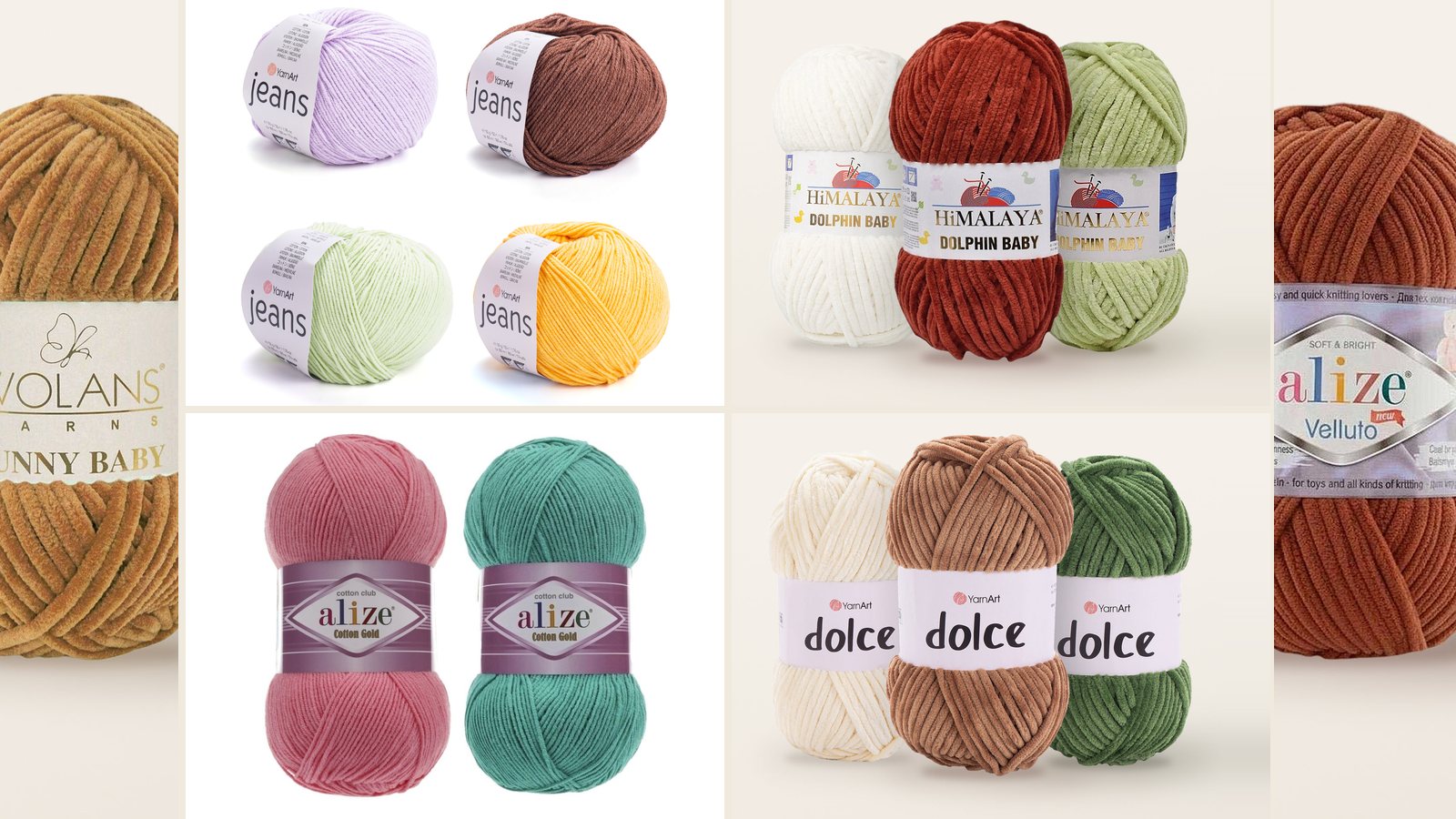 Cotton blend yarns (YarnArt Jeans, Alize Cotton Gold) next to plush chenille yarns (HiMALAYA Dolphin Baby, YarnArt Dolce, Alize Velluto, Wolans Bunny Baby) for amigurumi