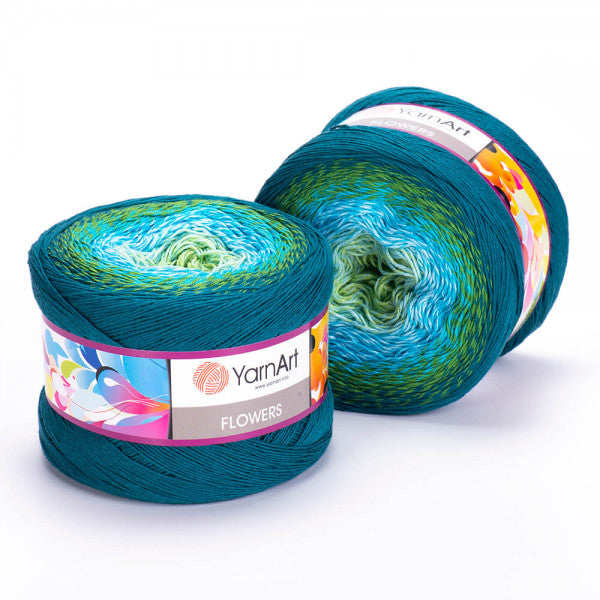YarnArt Flowers 256 Бирюзовый и нефритовый – пряжа из хлопка и акрила с переходами цвета
