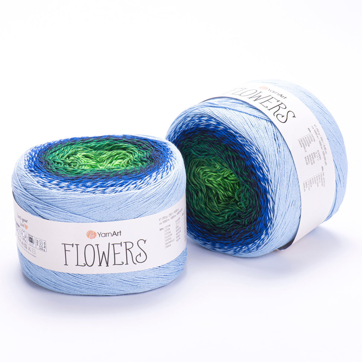 YarnArt Flowers 306 Глубокий зелёный и сапфировый – пряжа из хлопка и акрила с переходами цвета