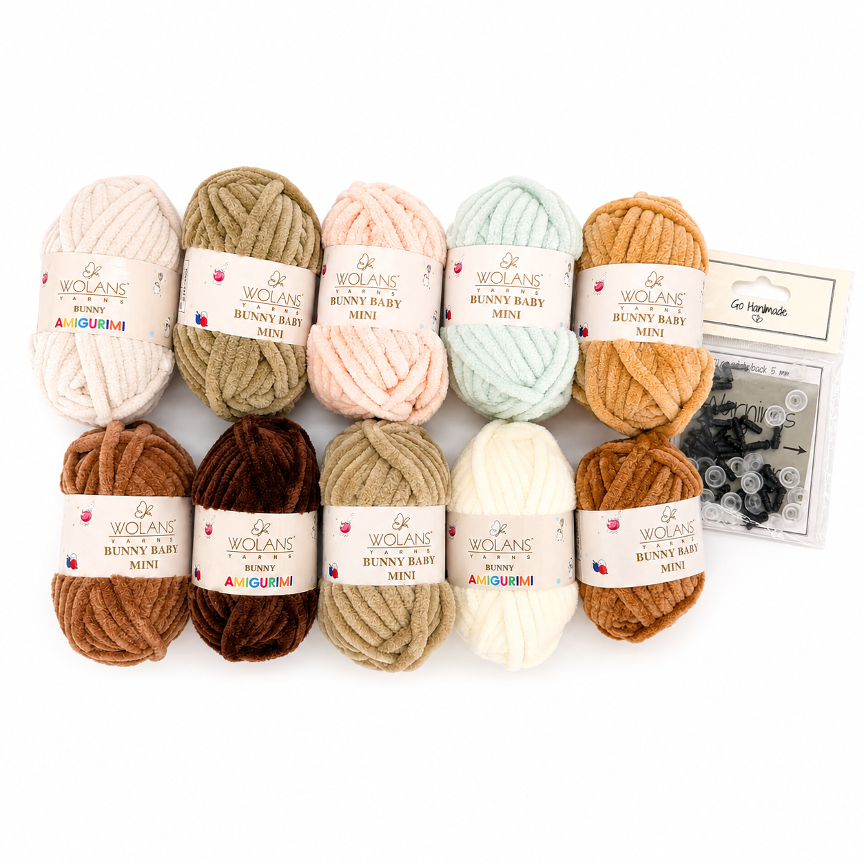 Kit amigurumi toni neutri – 10 gomitoli Bunny Baby Mini e occhi di sicurezza