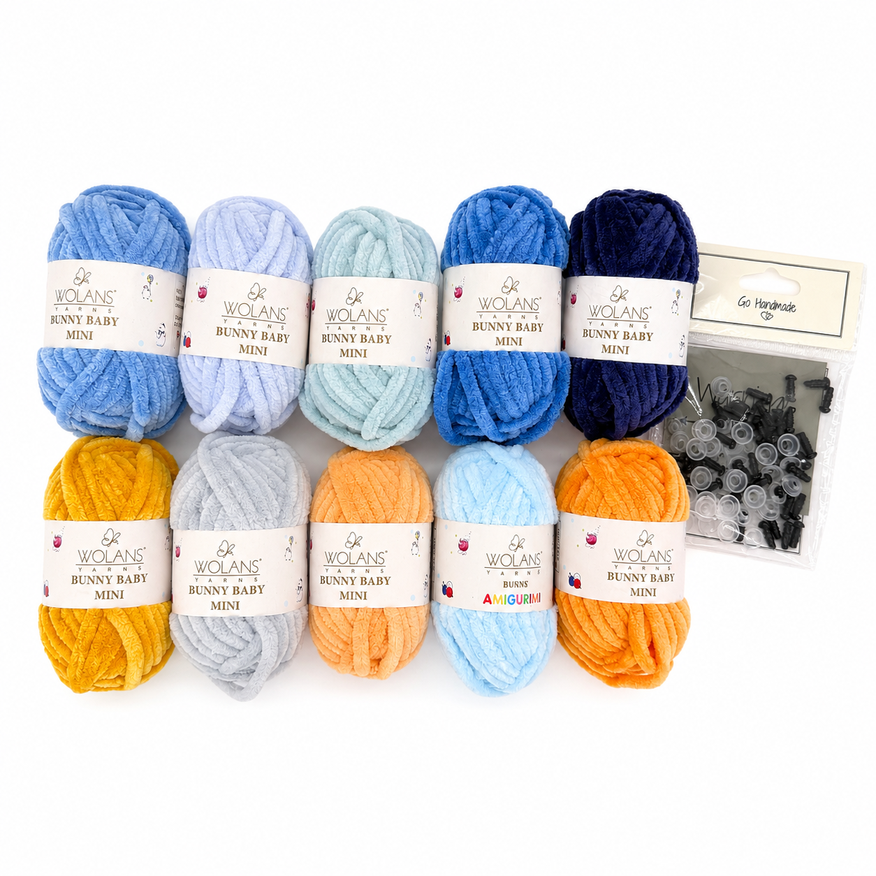 Jūros tonų amigurumi siūlų rinkinys — 10 mėlynų ir oranžinių Bunny Baby Mini kamuoliukų + saugios akytės