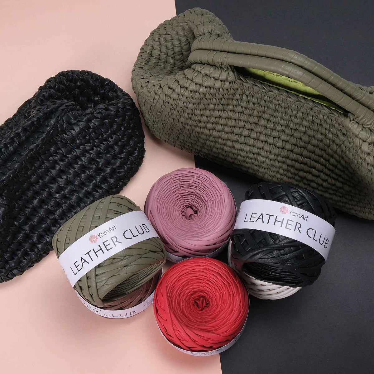 YarnArt Leather Club faux leather yarn – Khaki, Dusty Rose, Red and Black with crochet bags
