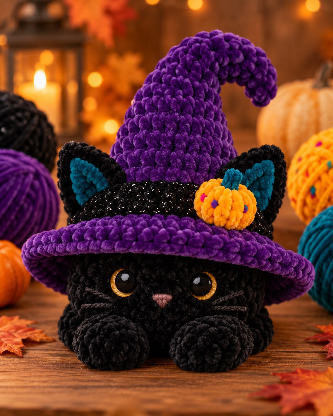 Idea: crochet cat under a witch hat – inspiration only, no pattern included